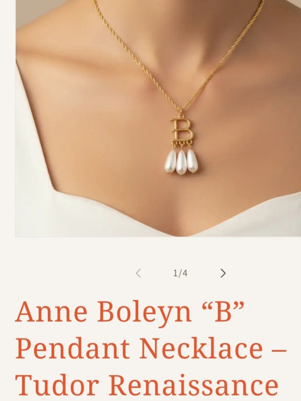 Anne Boleyn 'B' Gold Pendant Necklace with Pearl Drops - Women Jewelry